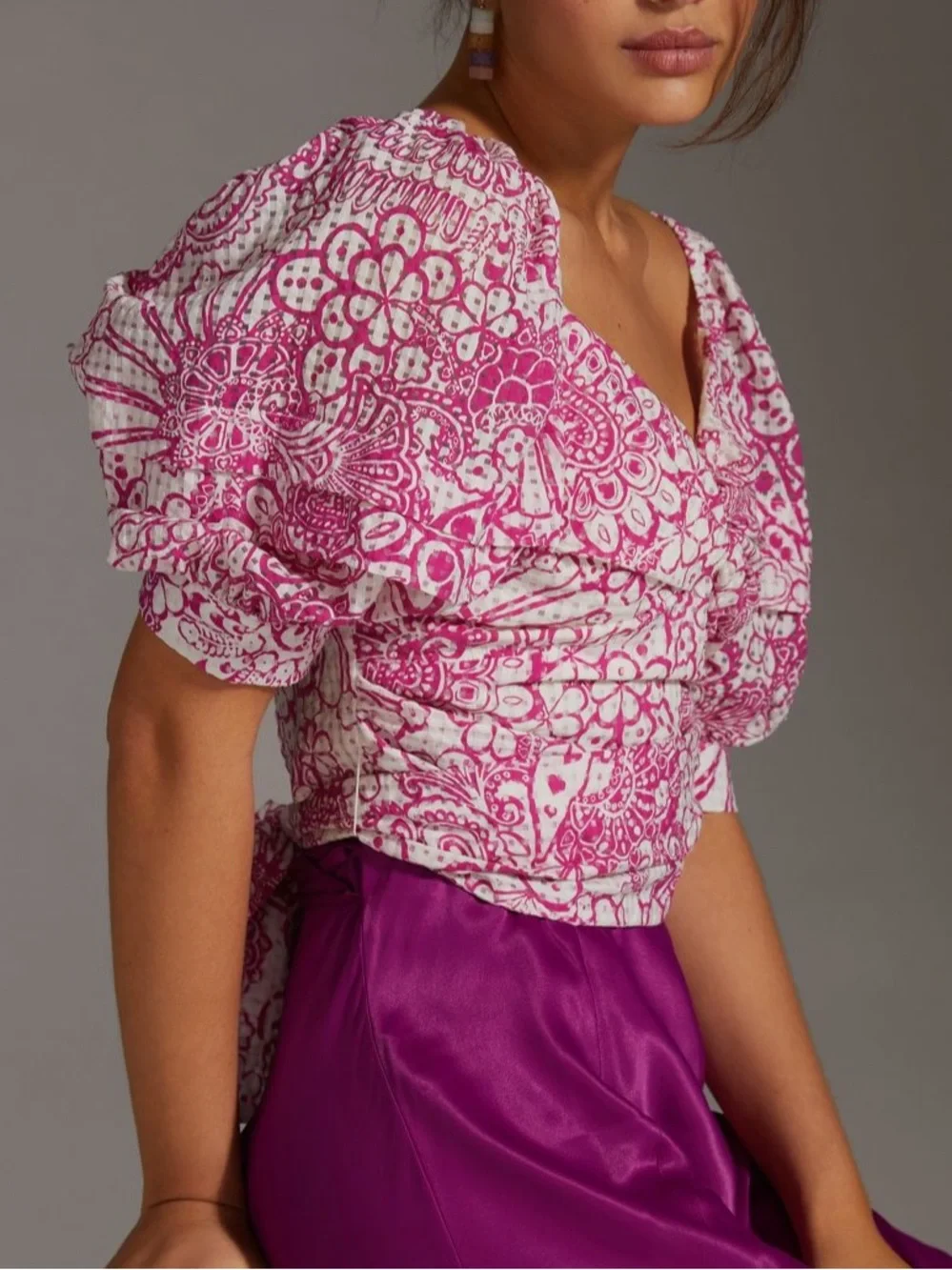 Anthropologie Maeve Pink & White Floral Puff-Sleeve Tie-Back Crop Blouse Top